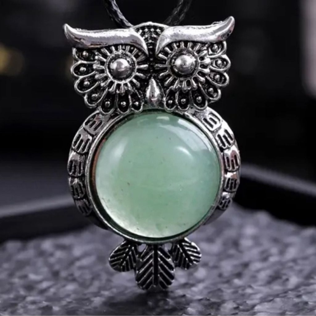 Aventurine Gemstone Crystal Owl Pendant Necklace Jewelry