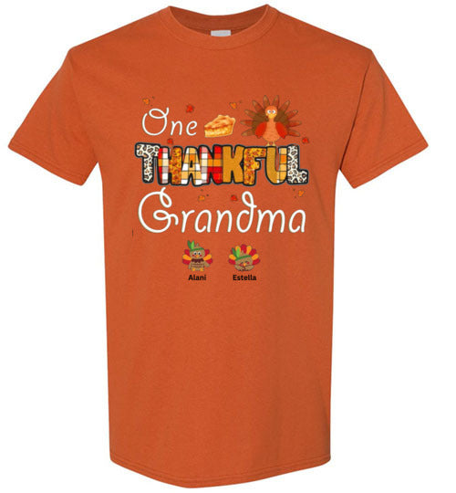 One Thankful Grandma Personalized Thanksgiving Fall Tee Shirt Top T-Shirt