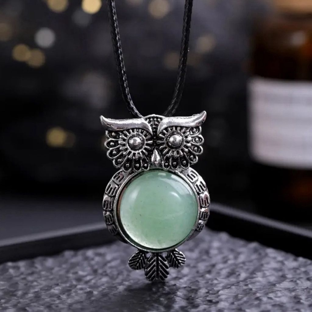 Aventurine Gemstone Crystal Owl Pendant Necklace Jewelry