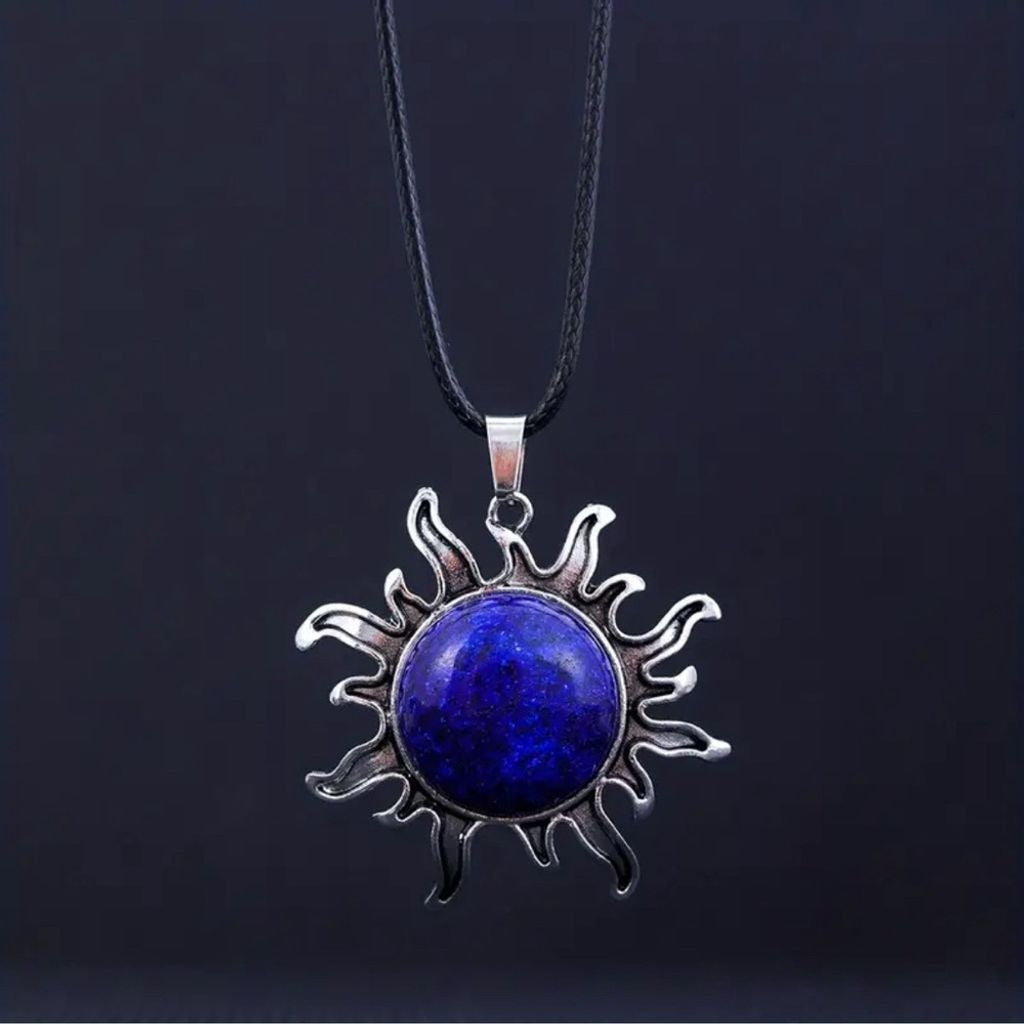 Lapis Lazuli Natural Stone Crystal Sun Pendant Necklace