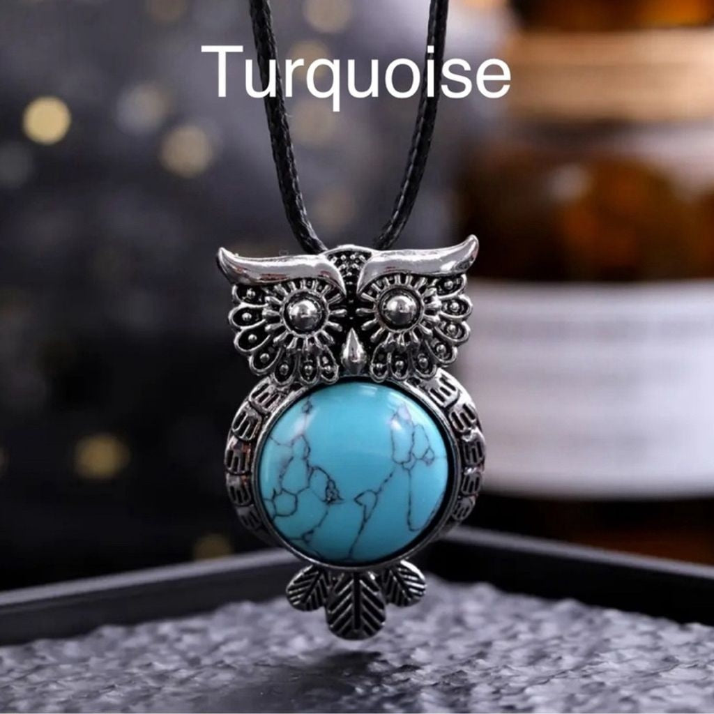 Turquoise Gemstone Crystal Owl Pendant Necklace Jewelry