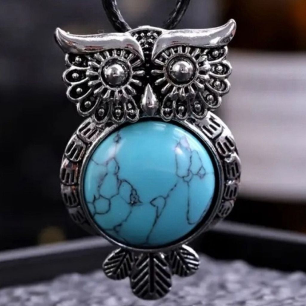 Turquoise Gemstone Crystal Owl Pendant Necklace Jewelry