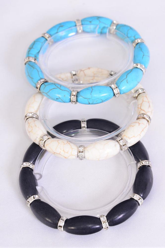 Oval Semiprecious Stone & Rhinestone Bezel Stretch Bracelet 25424