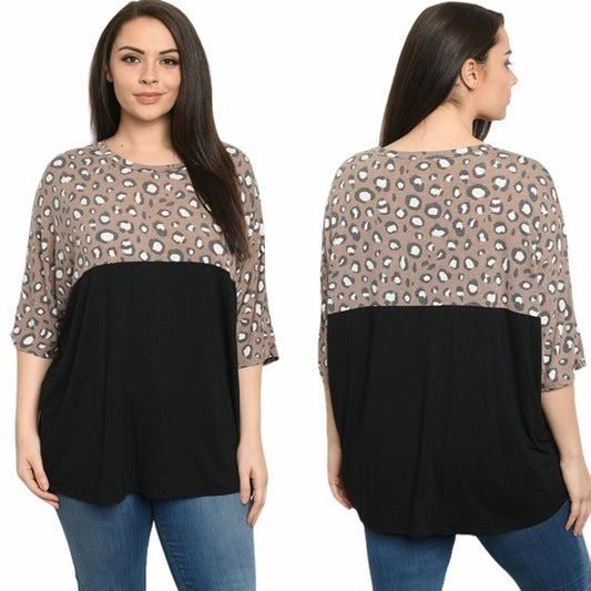 PLUS SIZE BLACK BROWN ANIMAL LEOPARD PRINT TOP 1X 2X 3X