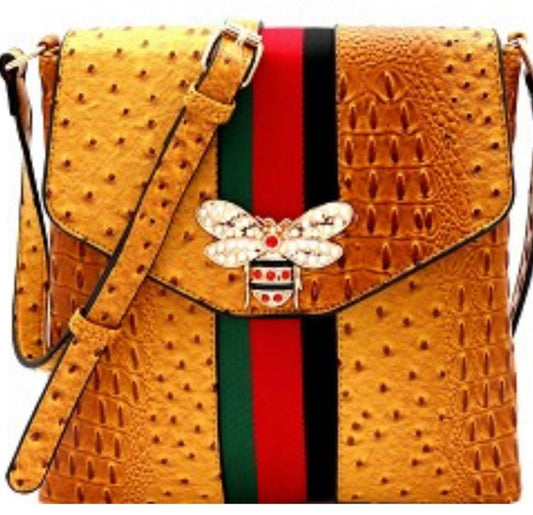 Rhinestone Bee Charm Stripe Ostrich Cross Body