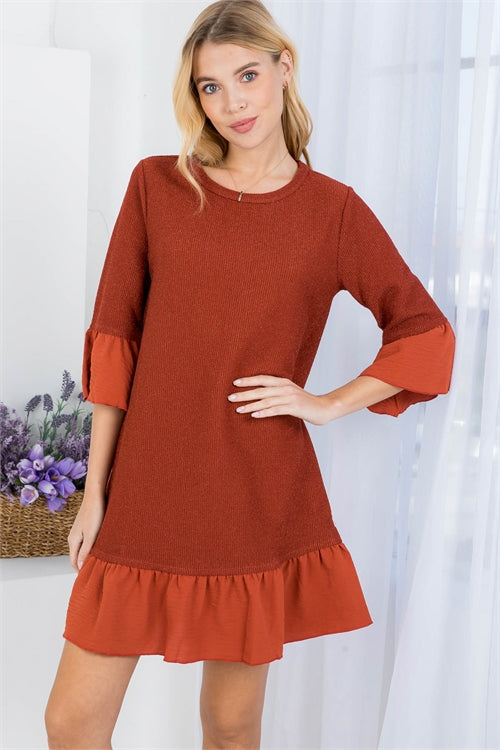 RUST ROUND NECKLINE RUFFLE HEM & SLEEVE MINI DRES