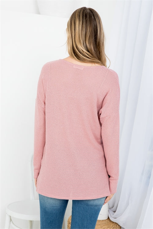 MAUVE DEEP V-NECKLINE WAFFLE FABRIC LONG SLEEVE KNITTED TOP