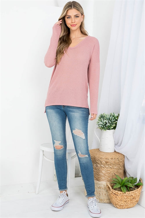 MAUVE DEEP V-NECKLINE WAFFLE FABRIC LONG SLEEVE KNITTED TOP