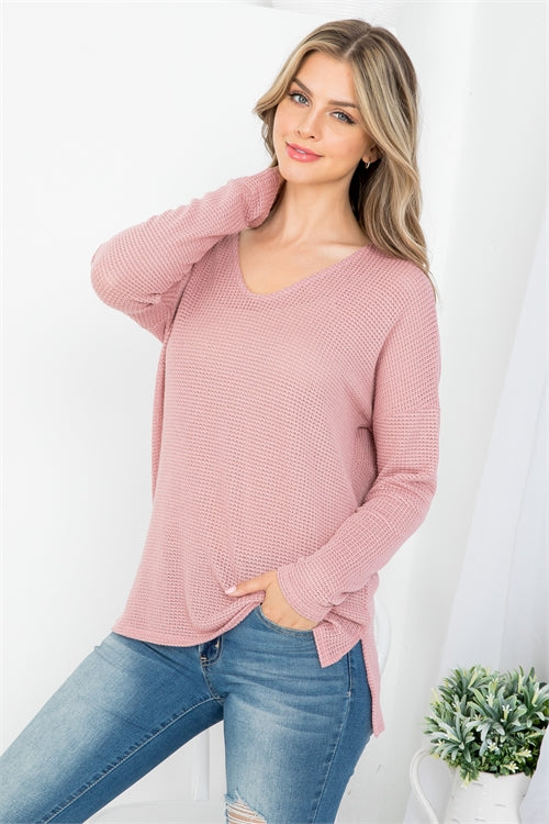 MAUVE DEEP V-NECKLINE WAFFLE FABRIC LONG SLEEVE KNITTED TOP