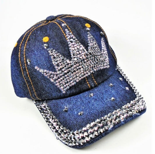 Silver Stud Bling Princess Crown Baseball Caps Dark Denim