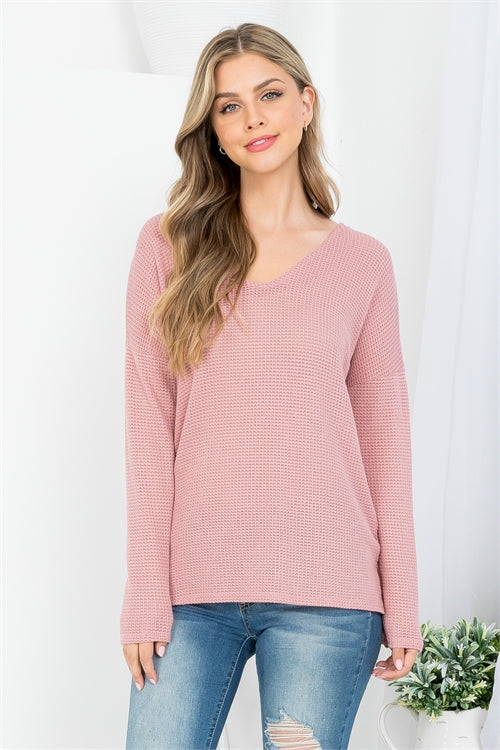 MAUVE DEEP V-NECKLINE WAFFLE FABRIC LONG SLEEVE KNITTED TOP