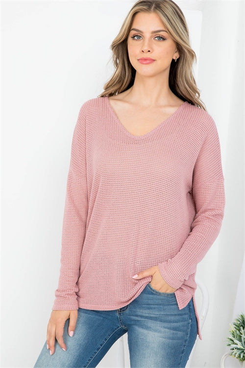 MAUVE DEEP V-NECKLINE WAFFLE FABRIC LONG SLEEVE KNITTED TOP