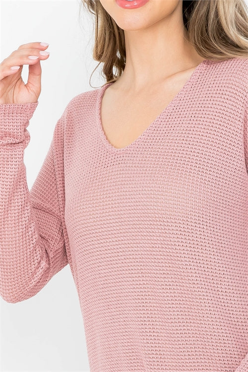 MAUVE DEEP V-NECKLINE WAFFLE FABRIC LONG SLEEVE KNITTED TOP